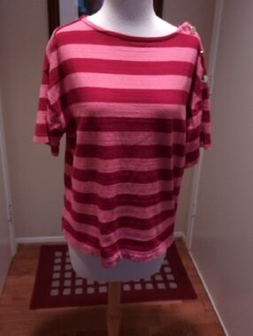 LOFT Pink and Berry Striped Short-Sleeve Top